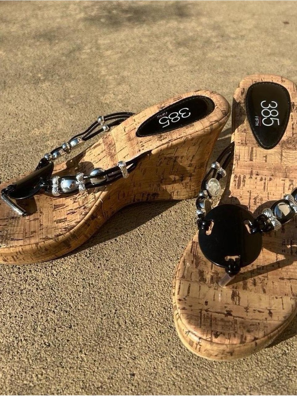 385 Fifth Cork Wedge Sandals with Black Beaded Accents